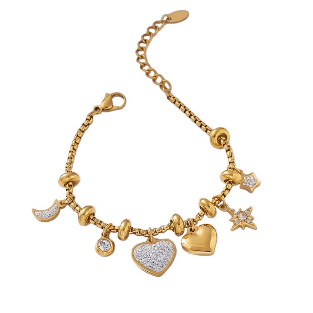 Gold Charm Bracelet with Heart and Star Accents
